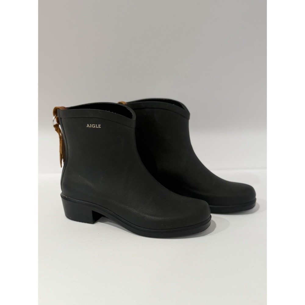 AIGLE - Black Brown Rubber Leather Women's Boots Preppy Summer Trendy Chic Y2K